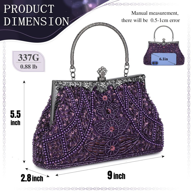Selighting 1920s Vintage Beaded Clutch Evening Bags for Women Formal Bridal Wedding Clutch Purse Prom Cocktail Party Handbags Purple - Image 2